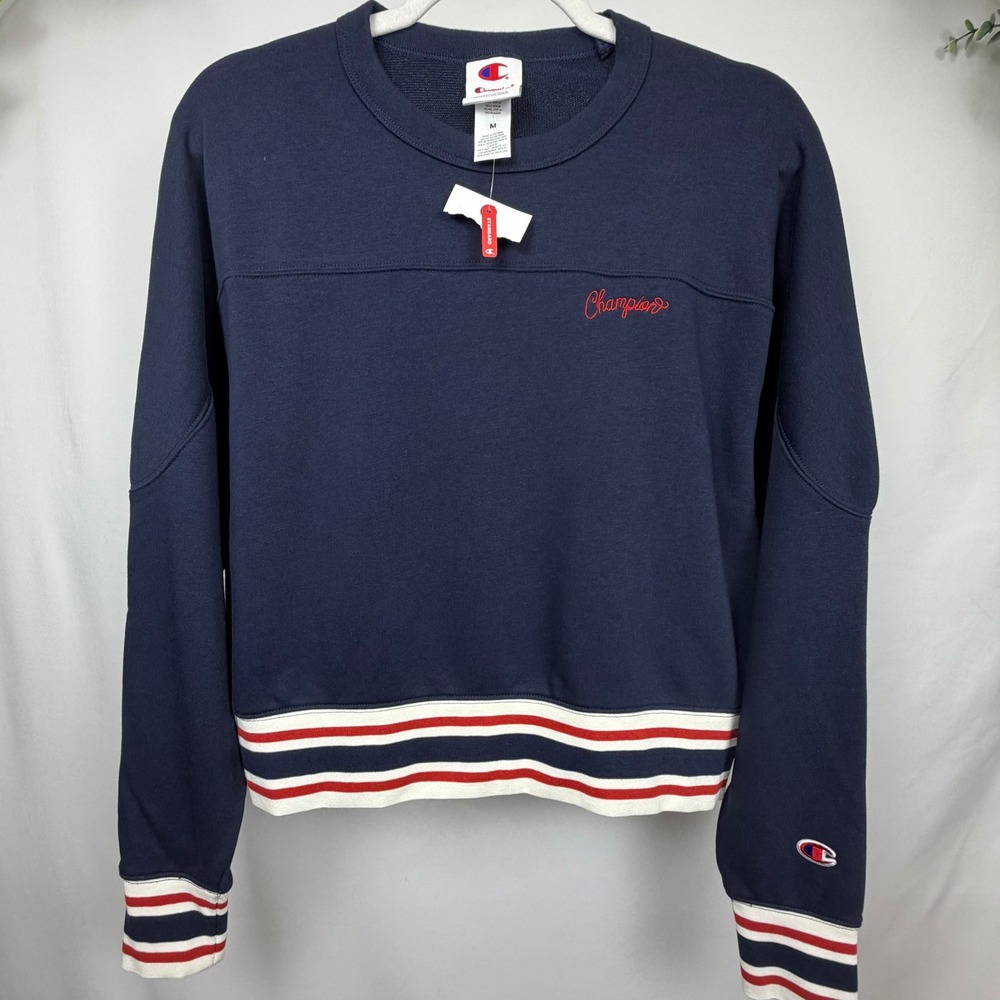 Champion Navy Blue Striped Trim Cropped Sweatshirt Womens Medium NWT RN117927